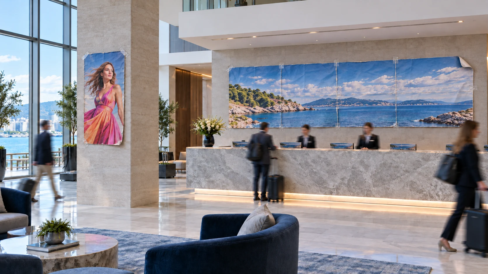 Hotel lobby where printed posters are replaced by bright L Squared screens